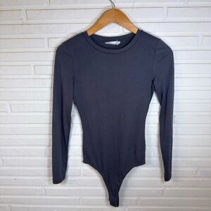 Elodie Black Ribbed Long Sleeve Stretch Bodysuit, Women’s Size Small